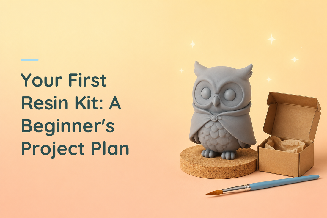 Grey resin owl in a cloak beside an open kraft box and blue brush on a warm hobby background