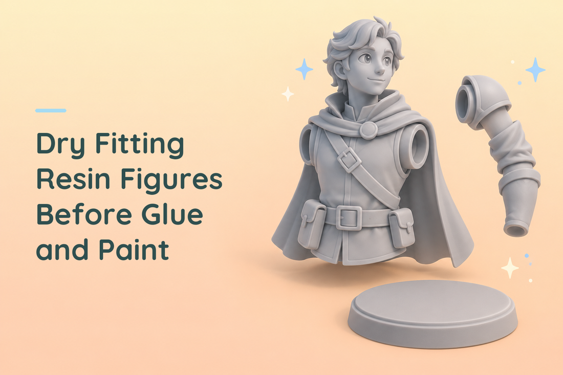 Separated grey resin figure components and a base illustrating assembly planning