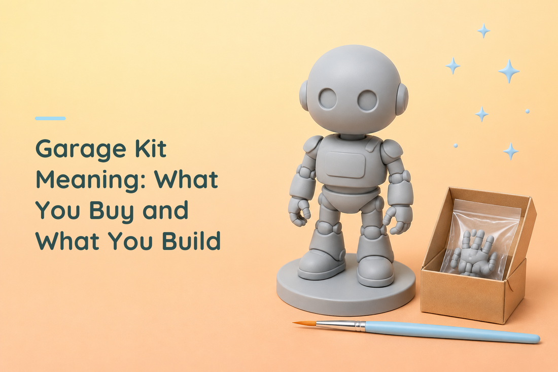 Plain grey robot figure beside a blank box, bagged accessory and brush illustrating a garage-kit project