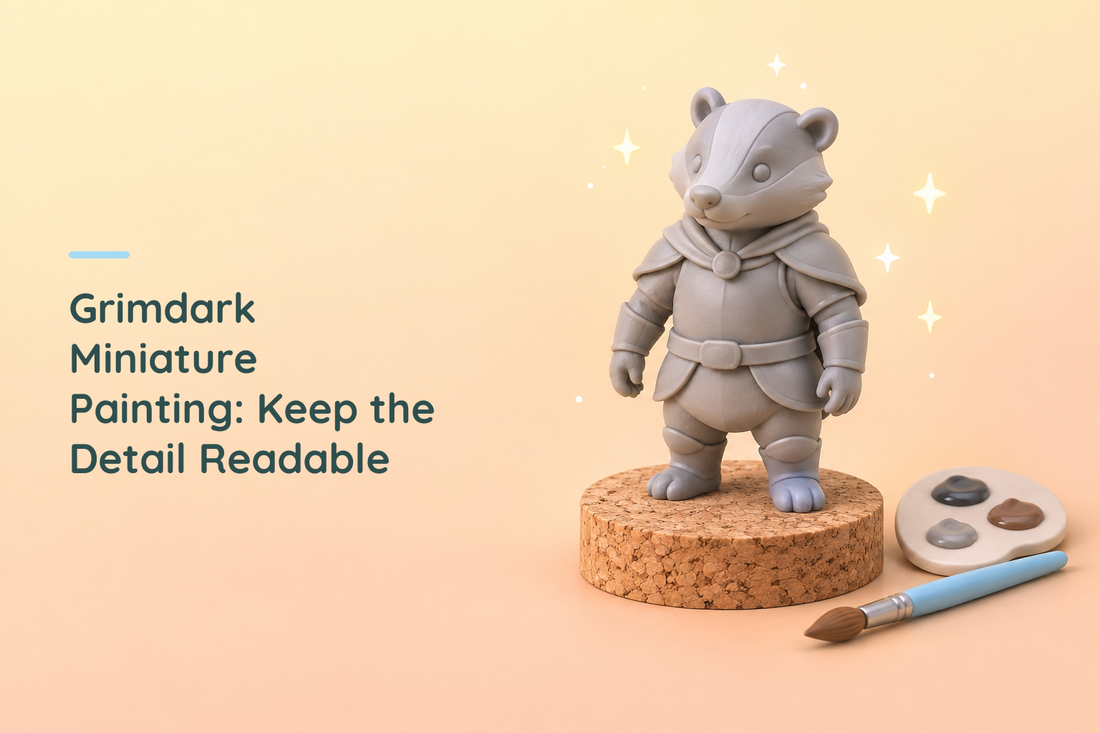 Grey resin badger knight beside a palette and blue brush, with the grimdark miniature painting guide title