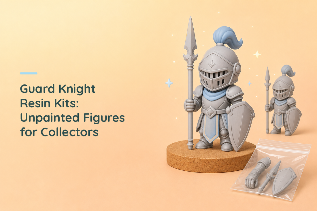 Bare grey chibi guard knight standing at attention on a cork disc in a visored plumed helm and tabard, holding a tall spear and a kite shield, with a sealed bag of grey parts beside it