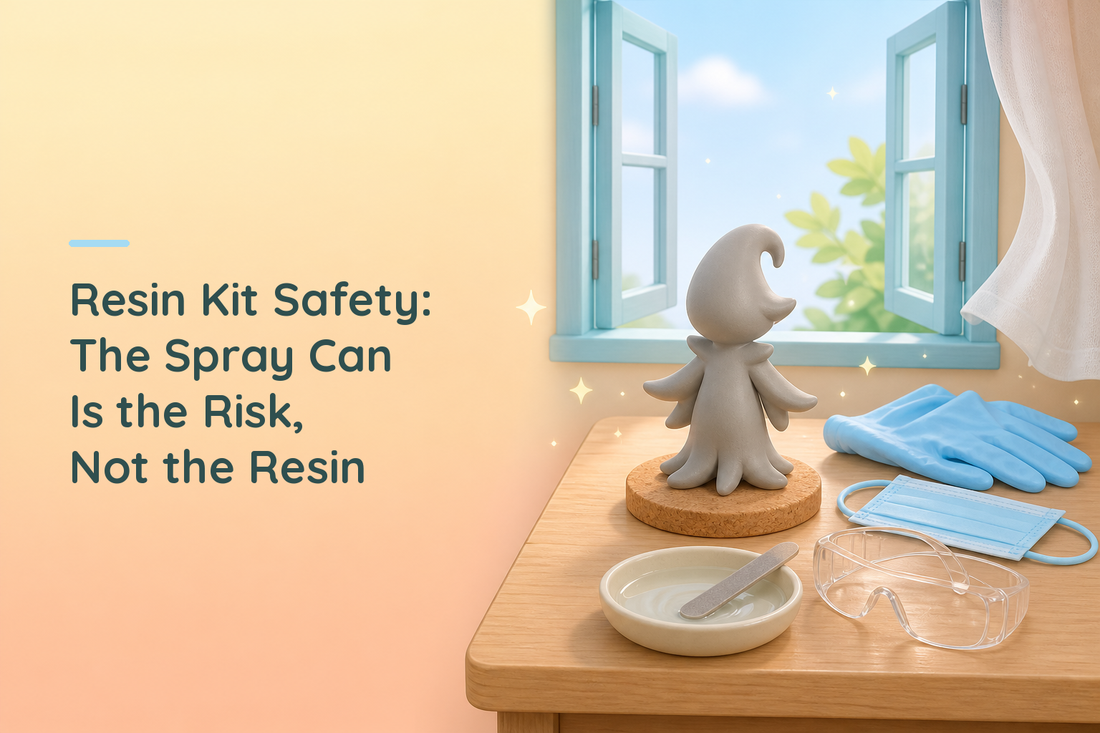 Cozy illustrated hobby bench by an open window with a grey resin figurine, gloves, a face mask, safety glasses and water