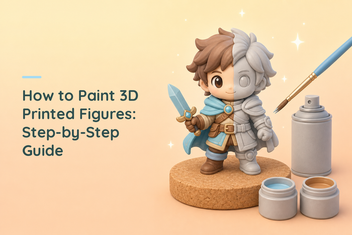 A chibi adventurer figure on a cork disc split down the middle, one half fully painted and the other still bare grey primer, with a fine brush angled toward it and a primer can and two open paint pots nearby