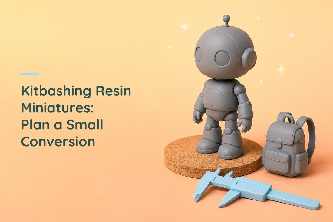 Grey resin robot beside a separate grey backpack and an unmarked blue caliper
