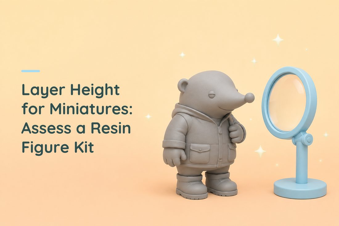 Grey resin mole explorer beside a blue magnifying glass on a stand