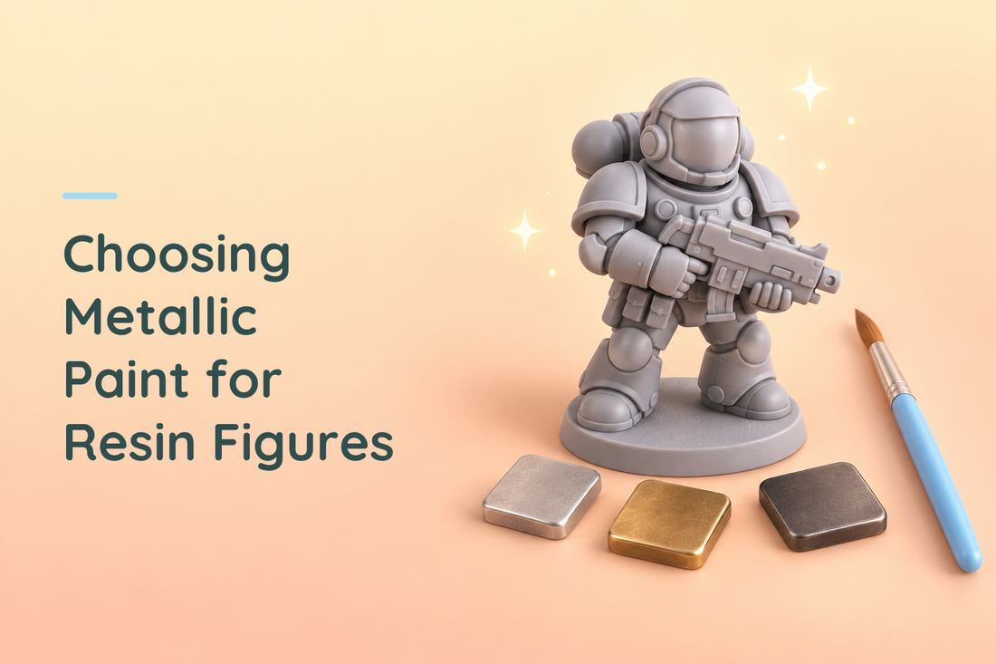 Unpainted armoured resin figure beside metallic paint samples and a blue brush
