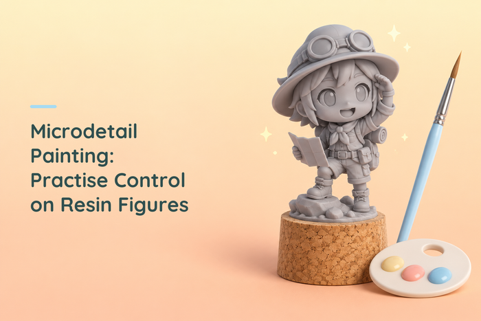 Grey resin chibi explorer on a cork holder beside a blue brush and small paint palette