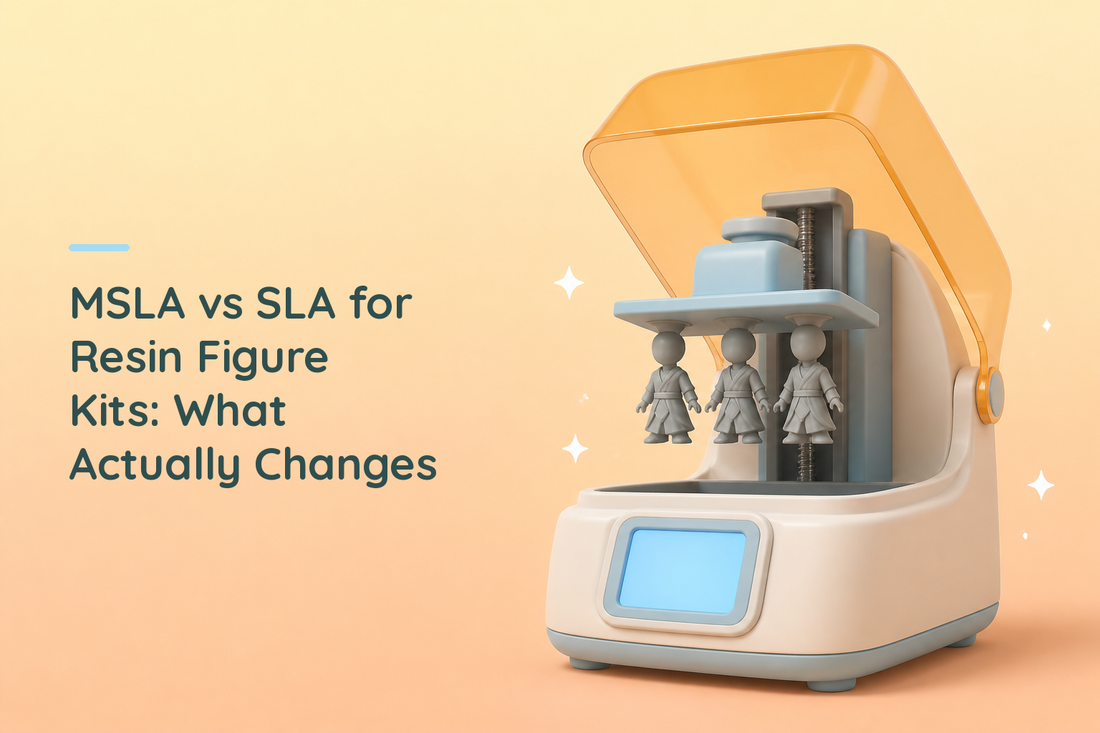 Cozy illustrated MSLA resin printer with a glowing screen and three grey figure kits on the raised build plate