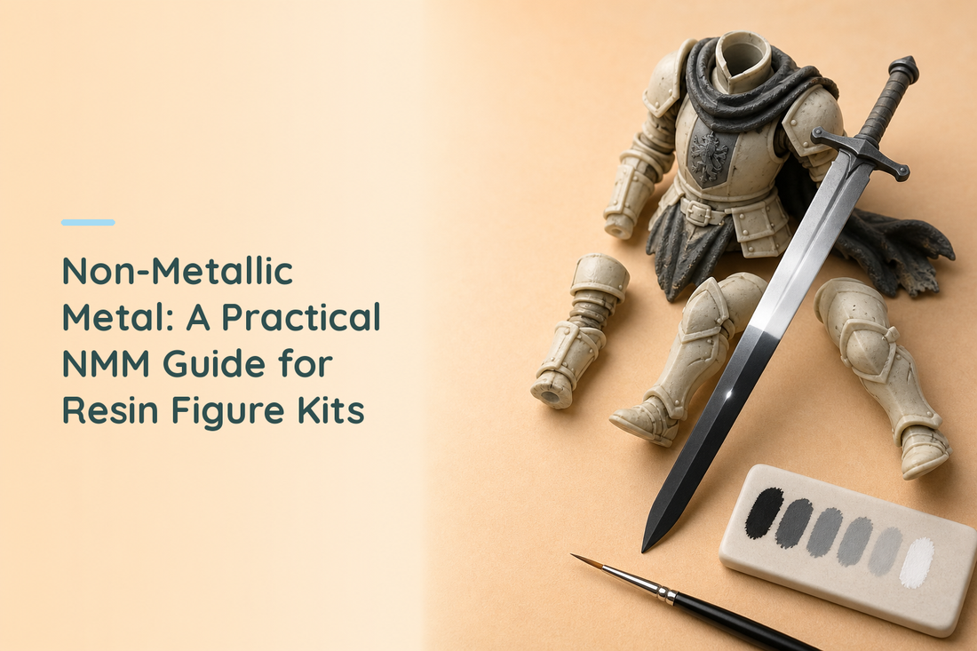 Unpainted resin knight parts beside a sword painted in non-metallic metal and a grey value palette