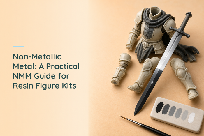 Unpainted resin knight parts beside a sword painted in non-metallic metal and a grey value palette