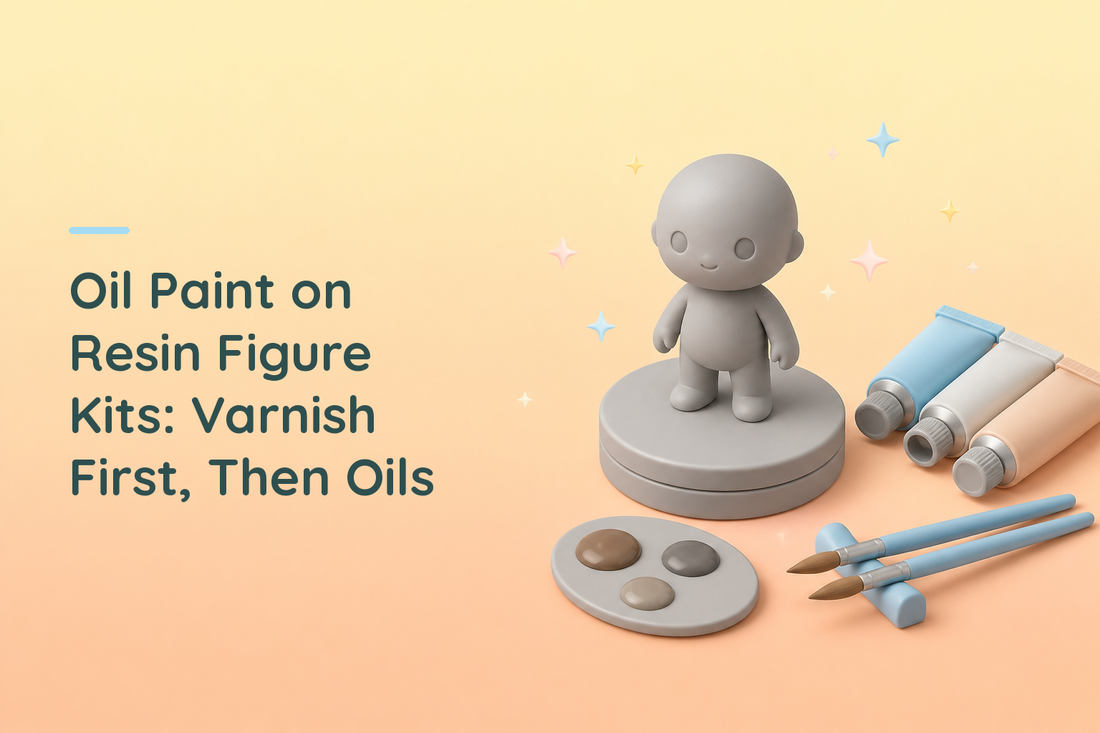 Cozy illustrated grey resin figurine on a turntable beside three oil paint tubes, a palette of earth tones and two brushes