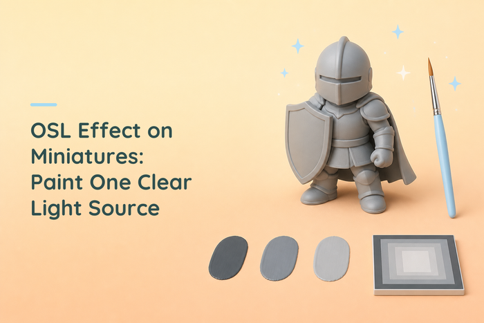 Unpainted grey resin knight beside a brush and grey paint swatches for a lighting study