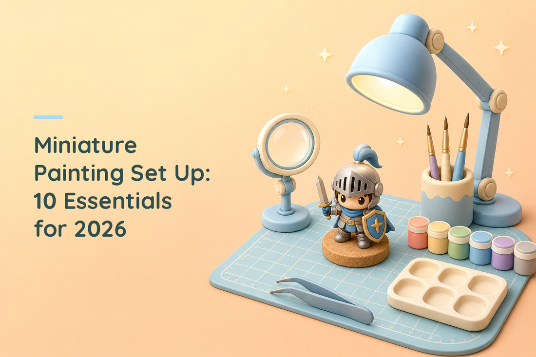 A tidy miniature painting workstation seen from above, with a desk lamp, a magnifier on a stand, a cutting mat, three brushes in a holder, a row of pastel paint pots, tweezers, a palette tray and a chibi knight figure in the middle