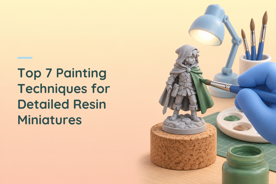 Painter applying a fine coat to an unpainted grey resin figure on a cork holder