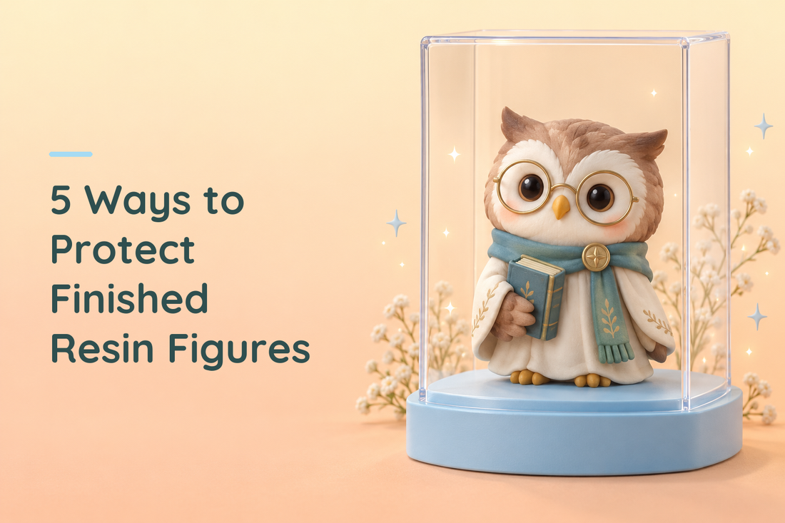 Painted original owl scholar figure protected by a clear display cover on a blue base