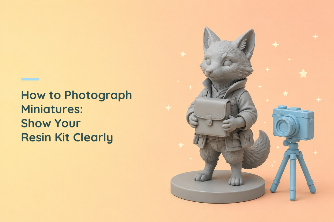 Grey resin fox holding a closed map case beside a blue camera on a small tripod