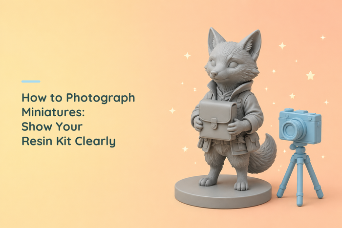 Grey resin fox holding a closed map case beside a blue camera on a small tripod