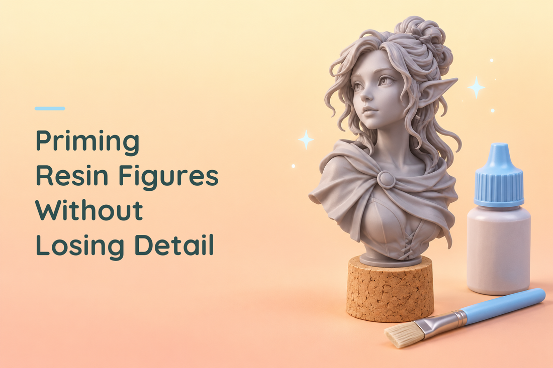 Grey resin elf bust on a cork beside a plain primer bottle and brush
