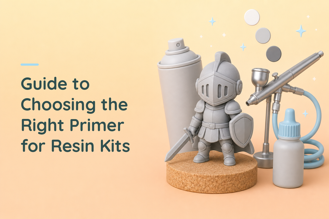Unpainted grey chibi knight on a cork disc surrounded by priming equipment, an unlabelled aerosol can, an airbrush on a stand with a coiled blue hose, a dropper bottle and three floating grey and white swatch discs