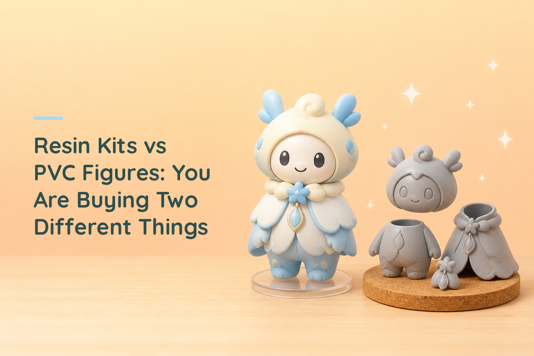 Cozy illustrated painted figurine on a clear stand beside the same character unpainted in grey resin parts on a disc