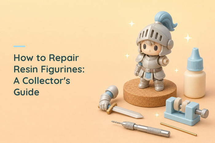 A chibi knight figure on a cork disc with its sword arm detached and lying beside it, next to a small clamp, a glue bottle, a pin vise and a length of brass rod for pinning the repair