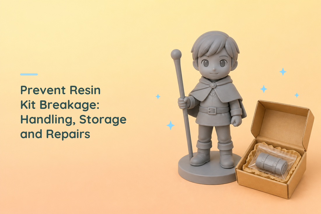 Grey resin explorer on a broad base beside a paper-lined box with a separately bagged accessory