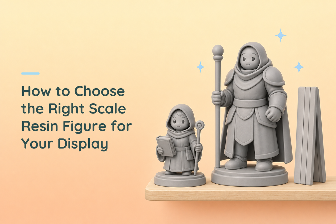 Two unpainted grey resin figures at different scales on a shelf beside a blank folding ruler
