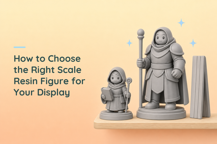 Two unpainted grey resin figures at different scales on a shelf beside a blank folding ruler