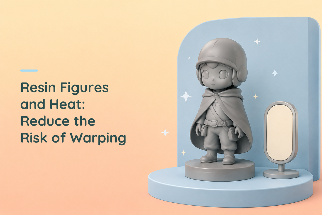 Grey resin traveler on a shelf beside a blank indoor thermometer and a pale blue shade panel