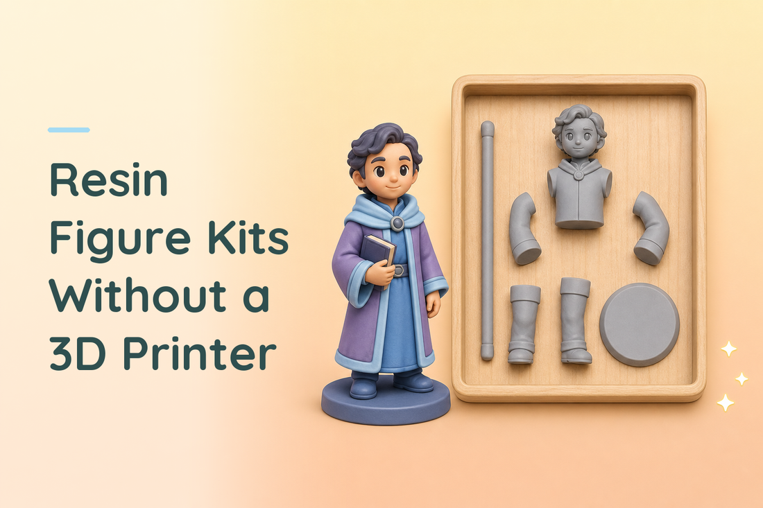 Unpainted grey resin figure kit parts arranged for dry fitting beside a finished display space
