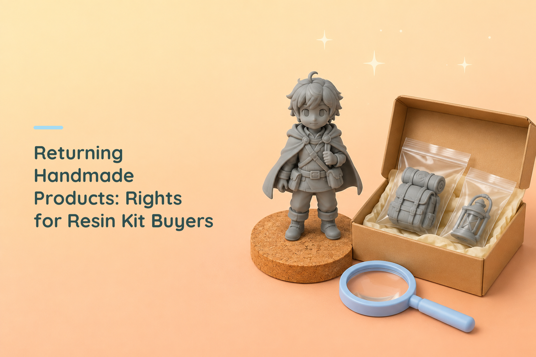 Grey resin traveler beside bagged kit parts in a kraft box and a blue magnifying glass