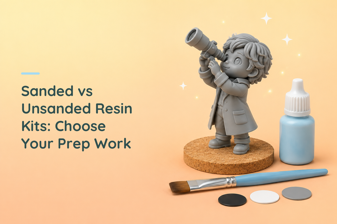 Grey resin astronomer beside a brush, closed bottle and three neutral finish swatches