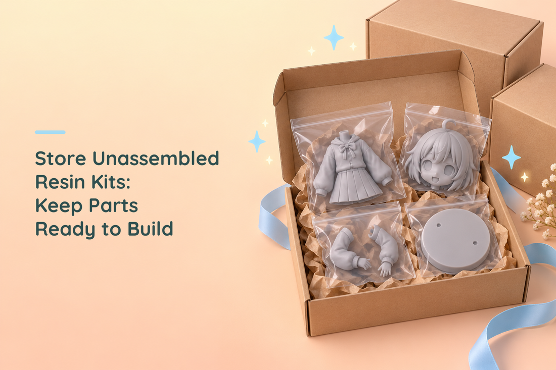 Bagged grey resin figure parts supported by packing paper inside an open cardboard box