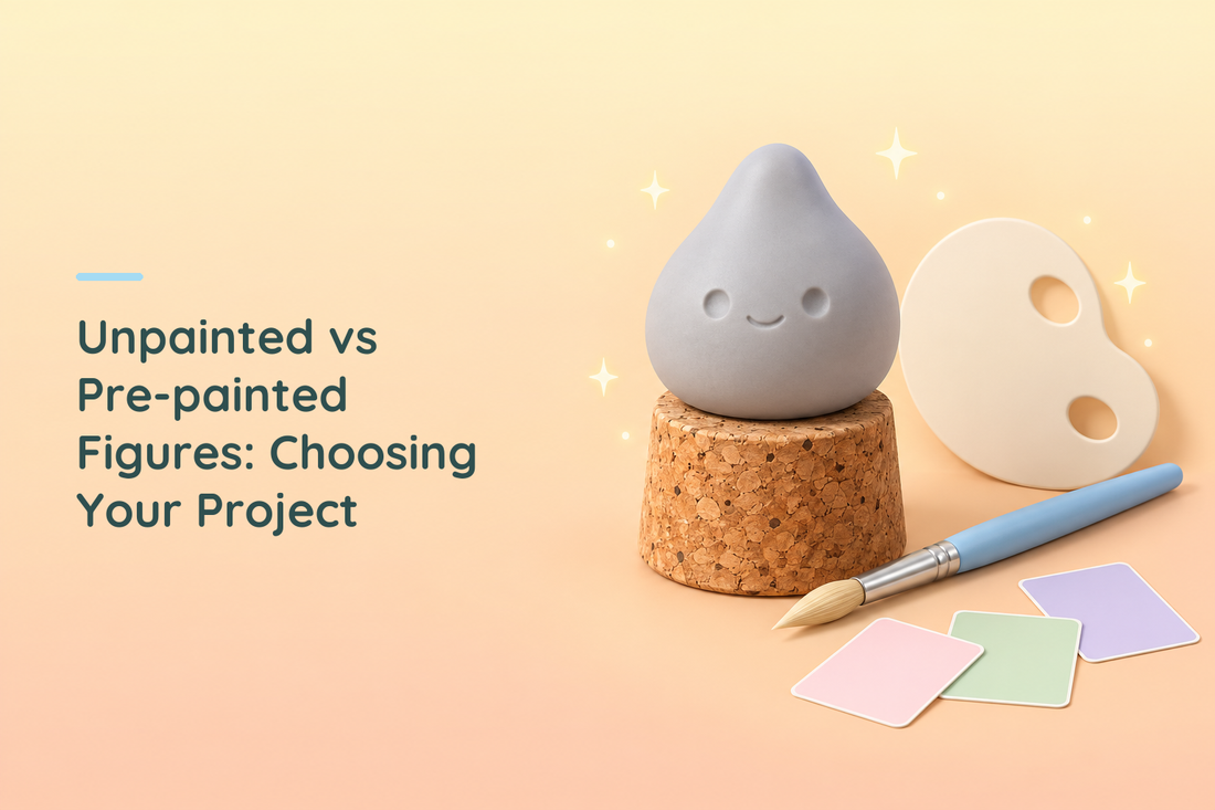 Grey unpainted resin character on a cork beside a brush and colour swatches
