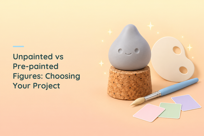 Grey unpainted resin character on a cork beside a brush and colour swatches