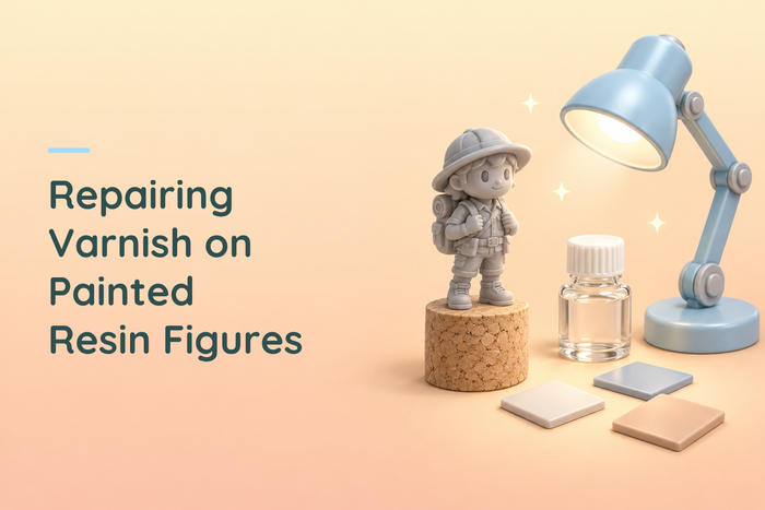 Unpainted resin explorer beside varnish test tiles and a blue inspection lamp