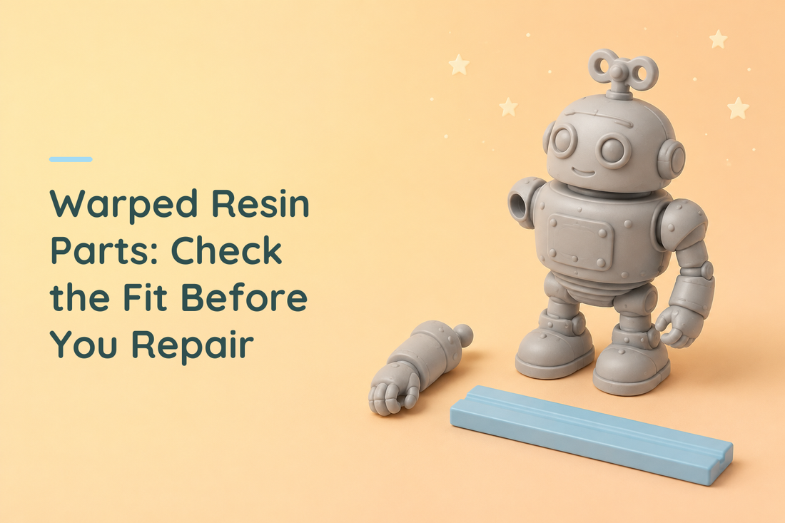 Grey resin clockwork robot with a separate arm beside an unmarked blue straightedge