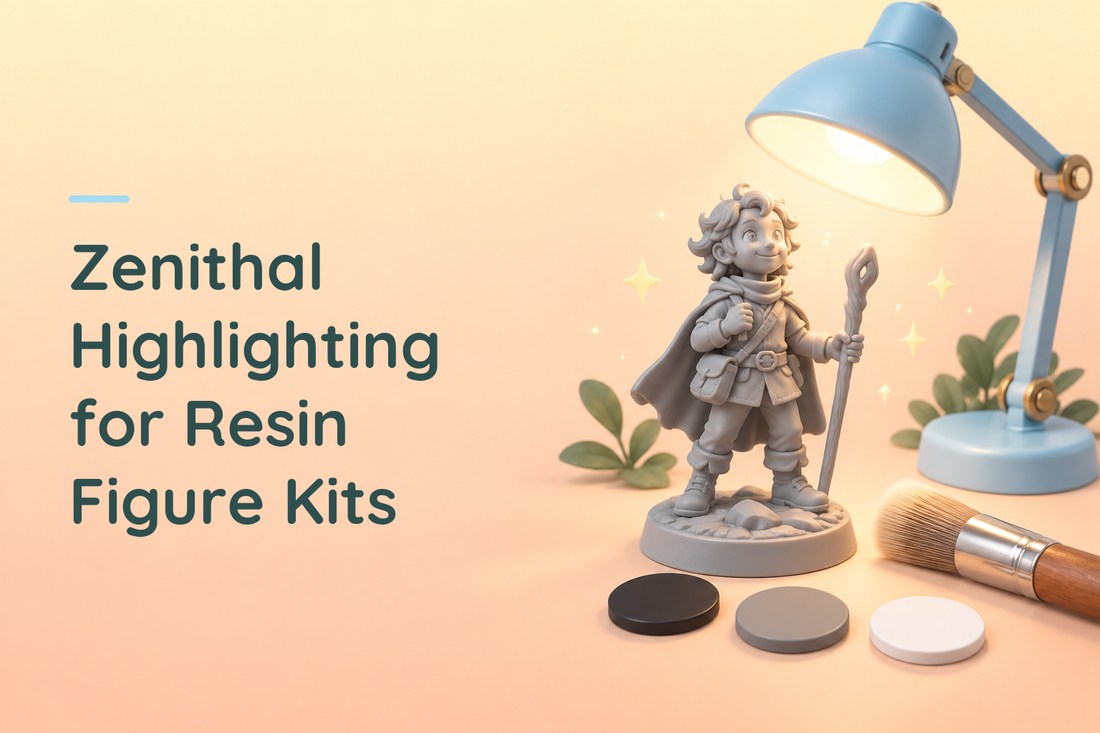 Grey resin adventurer under a blue lamp with dark-to-light paint swatches