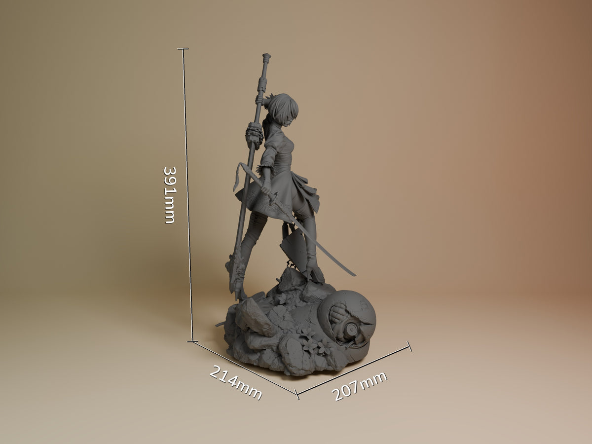 2B resin figure from NieR: Automata shown at 391mm height, standing posed on rocky base with spear and sword, unpainted gray finish.