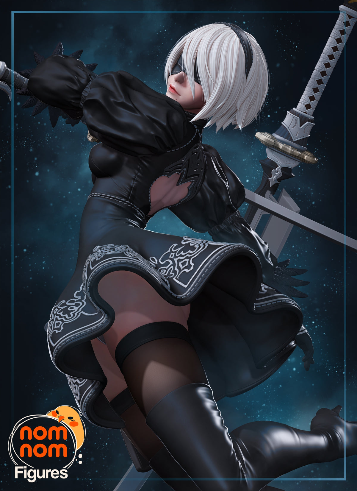 Painted 2B from NieR: Automata is a crouching resin figure with a sword and clear support.