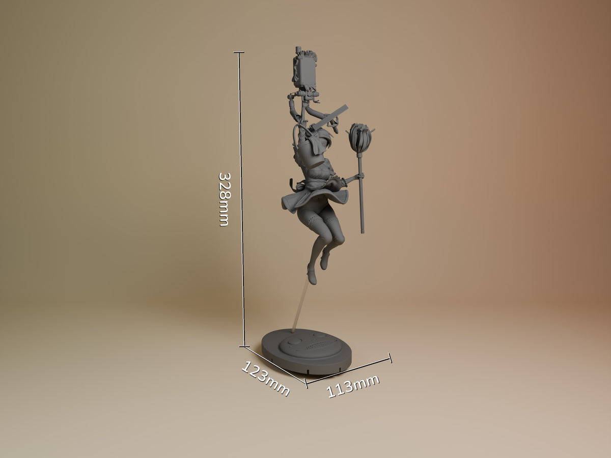 2B Maid resin figure from NieR: Automata shown at scale with dimensions 328mm height, 123mm x 113mm base, dynamic jumping pose.