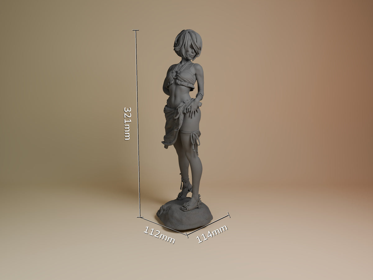 2B Swimsuit from NieR: Automata resin figure stands on a sculpted base, measuring 321mm tall.