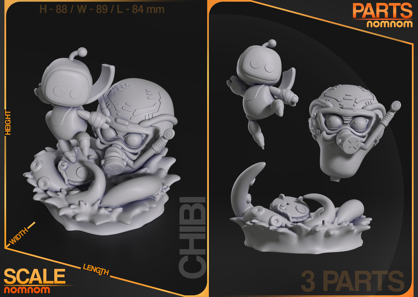 Parts and size reference image showing layout of smaller and larger robot figures with base.