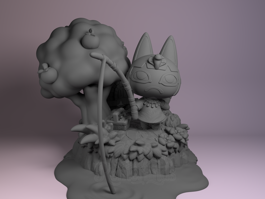 Ankha Animal Crossing 3D printed resin Chibi by Nomnom Figures, unpainted front view showing fishing pose and tree base.