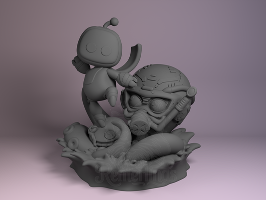 Astrobot 3D printed resin Chibi by Nomnom Figures, unpainted front view showing cheerful robot with larger mechanical companion.