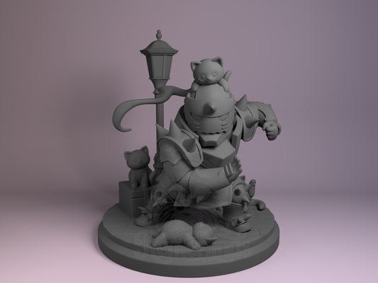Alphonse Elric Fullmetal Alchemist 3D printed resin Chibi by Nomnom Figures, unpainted front view showing armor, cats, and lamppost base details.