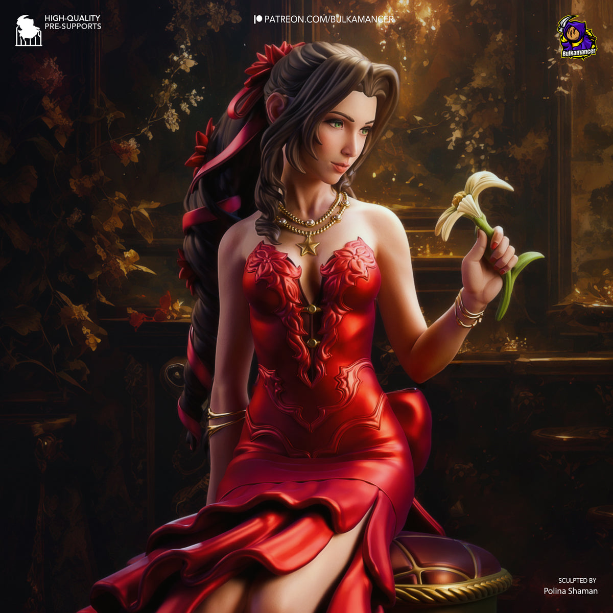 Aerith resin figure in red dress posed at three-quarter angle holding a white flower, painted with detailed gold jewelry and brunette hair with red ribbon.