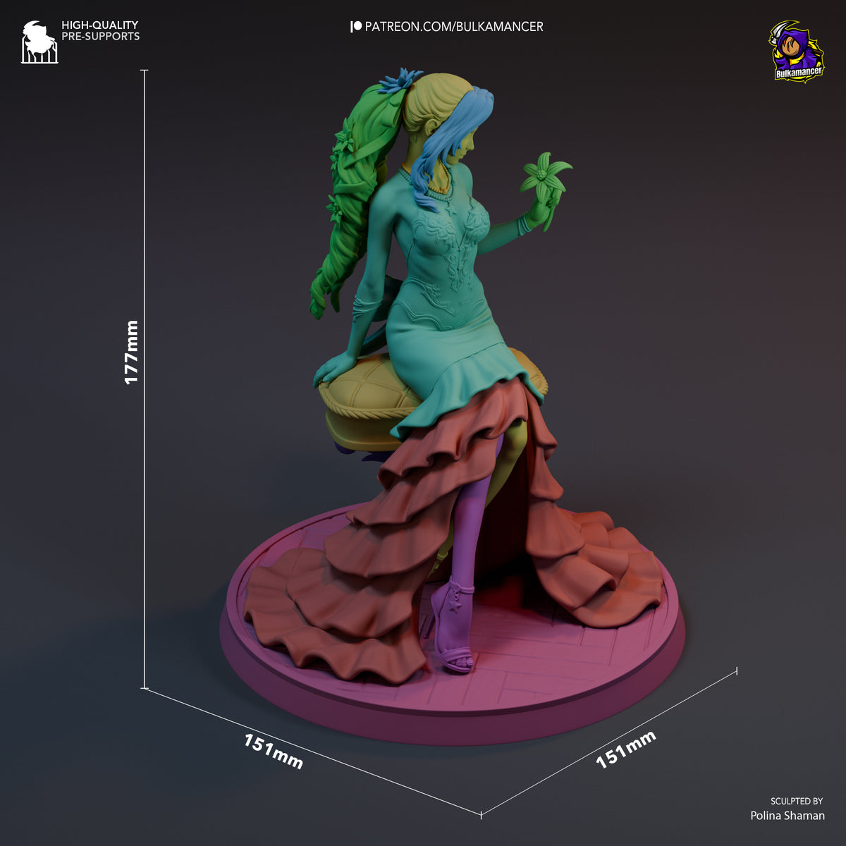 Aerith resin figure shown at 177mm height, seated pose on layered pink base, painted in greens and teals, sculpted by Polina Shaman.