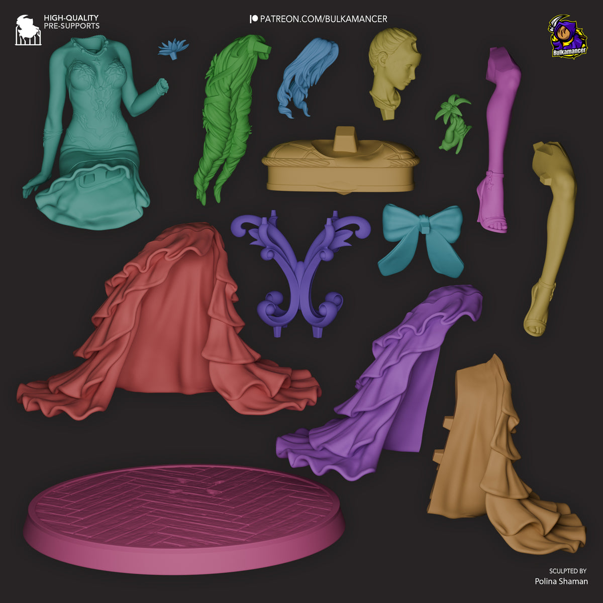 Aerith resin figure parts display showing painted torso, hair, and clothing pieces alongside unpainted sculptural components and circular base.