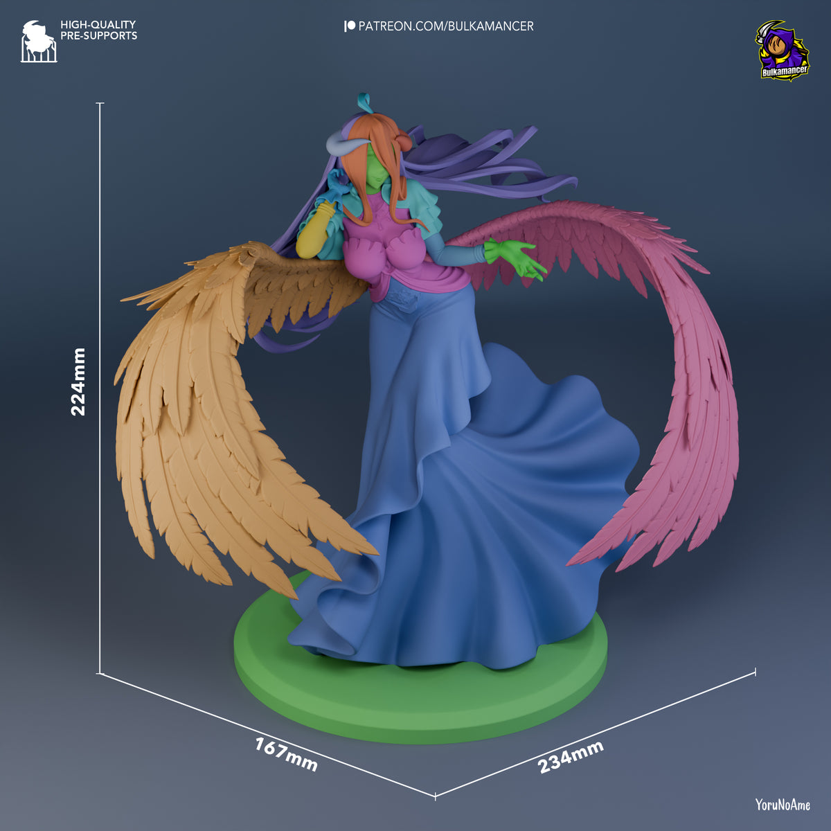 Albedo resin figure from Overlord shown at 224mm height with wings spread, displayed on green base with scale dimensions marked.